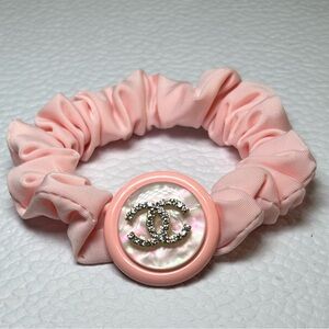 CHANEL Pink Satin Scrunchie with Rhinestone CC Button